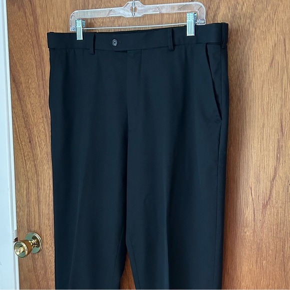 Murphy & Hartelius Austin Flat Front Regular Fit Sharkskin Plain Pants Jet Black - Picture 2 of 11